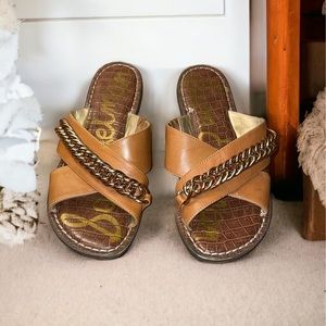 Sam Edelman Tan Leather Slide Sandals with Gold Chain